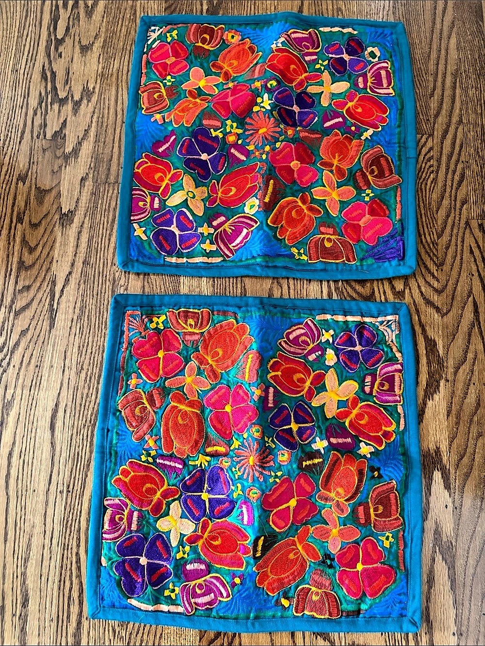 Mexican Embroidered Floral Textile Pillow Cases in Turquoise Set of Two